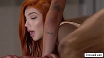 Redhead shemale and her new handsome boyfriend are on the couch kissing each other.After that,she throats his dick and lets him bang her wet ass.